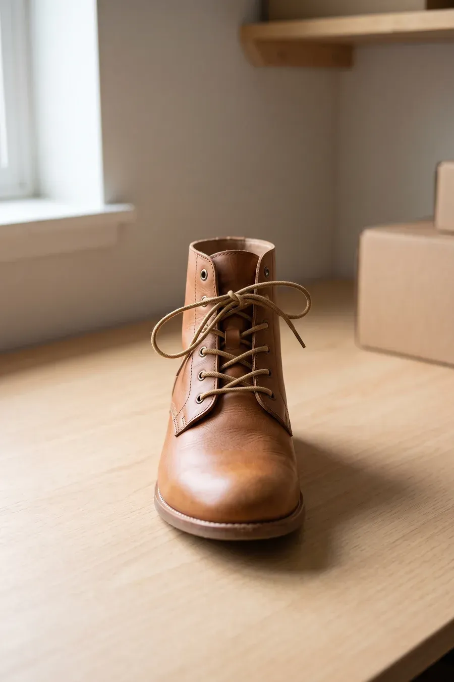 Leather boot photographed on a wooden table by a window
